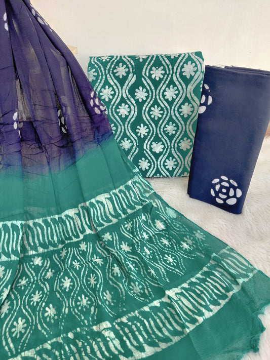 (BATIK) HAND BLOCK PRINTED COTTON SUIT WITH PURE CHIFFON DUPATTA