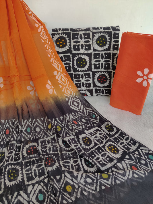 (BATIK) HAND BLOCK PRINTED COTTON SUIT WITH PURE CHIFFON DUPATTA
