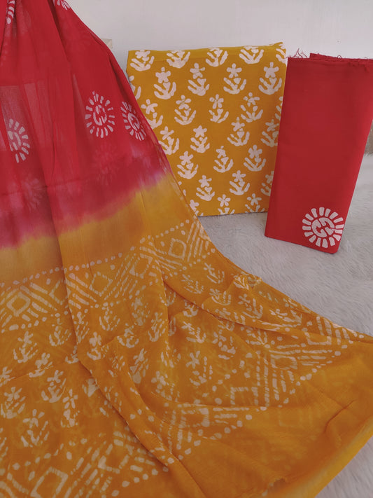 (BATIK) HAND BLOCK PRINTED COTTON SUIT WITH PURE CHIFFON DUPATTA