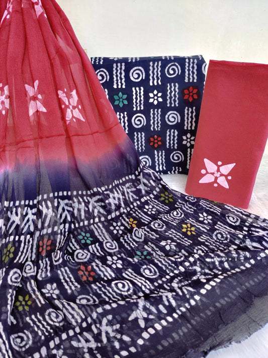 (BATIK) HAND BLOCK PRINTED COTTON SUIT WITH PURE CHIFFON DUPATTA