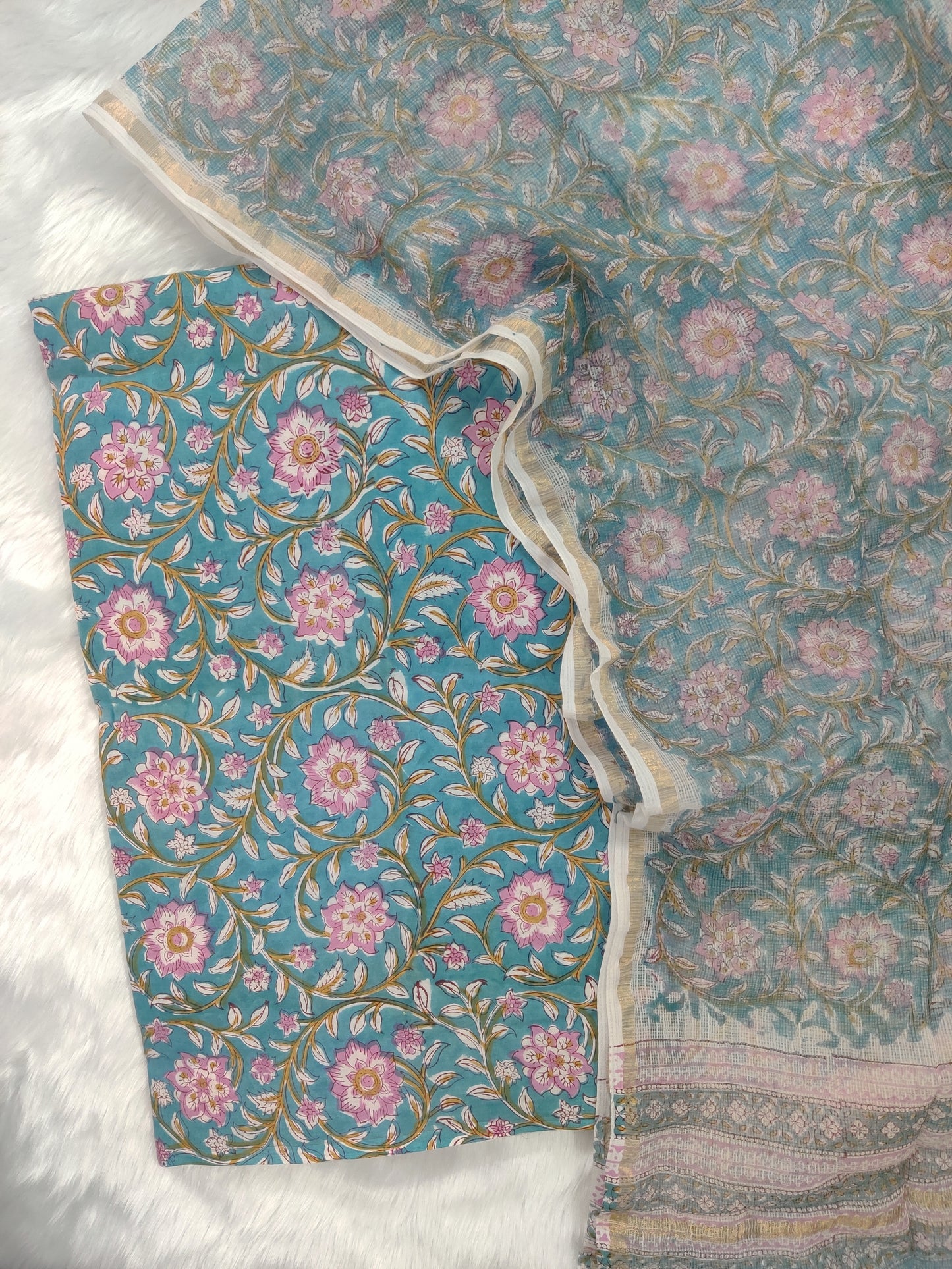 (All over) Hand Block Printed Cotton Suit with Cotton Kota Doria dupatta