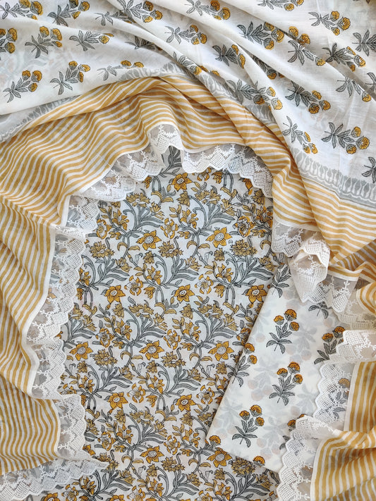 Hand Block Printed Cotton Suit With Lace Work Mulmul Dupatta