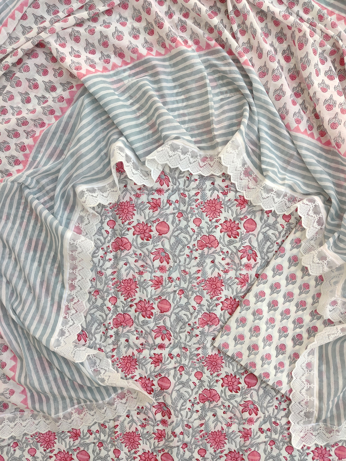 Hand Block Printed Cotton Suit With Lace Work Mulmul Dupatta