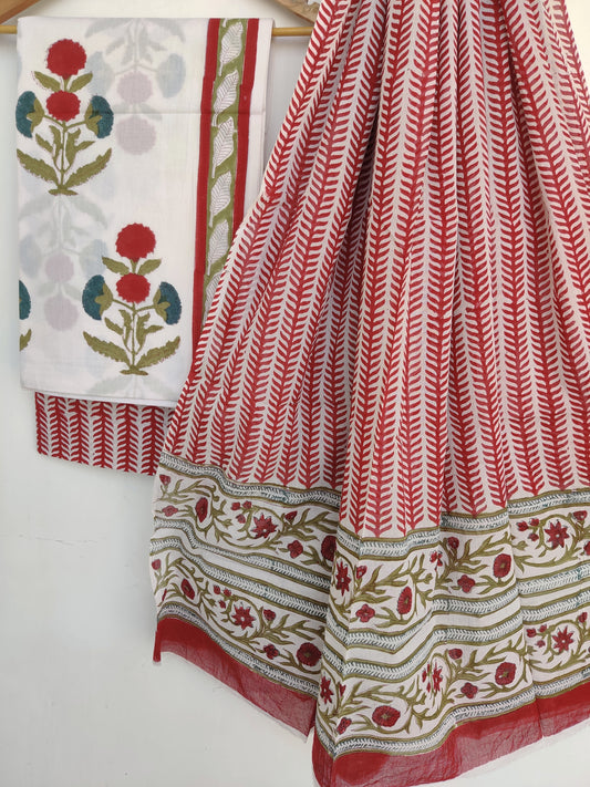 Hand Block Printed Cotton Suit With Mulmul Cotton Dupatta