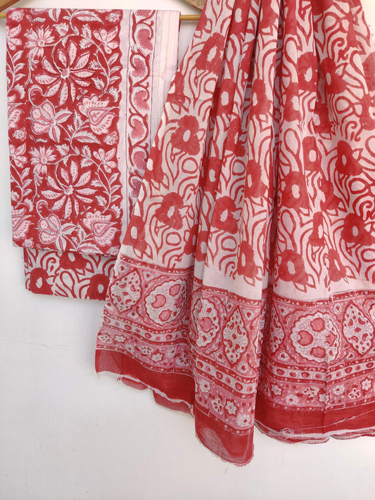 Hand Block Printed Cotton Suit With Mulmul Cotton Dupatta