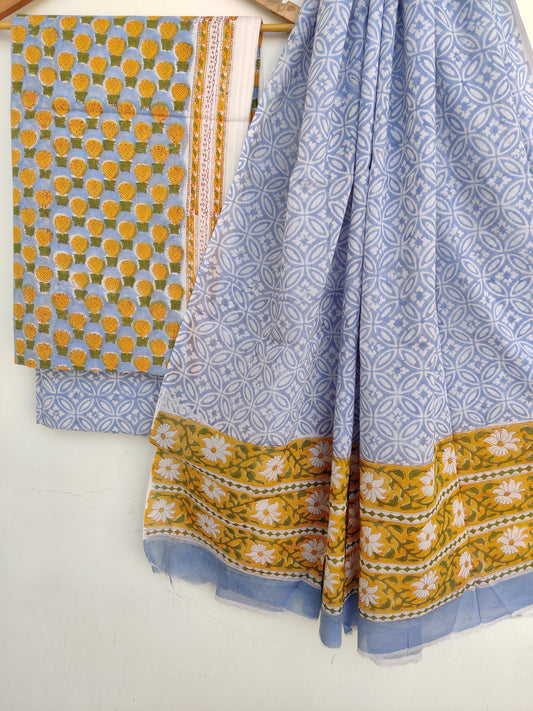 Hand Block Printed Cotton Suit With Mulmul Cotton Dupatta