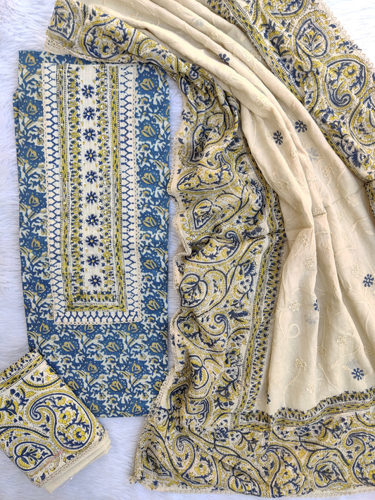 NEW LAUNCH Exclusive Unstitched Cotton Neck Work Suits with Mulmul Dupatta