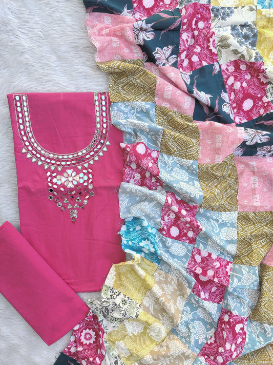 MIRROR NECK WORK SUITS WITH PATCH WORK MULMUL DUPATTA