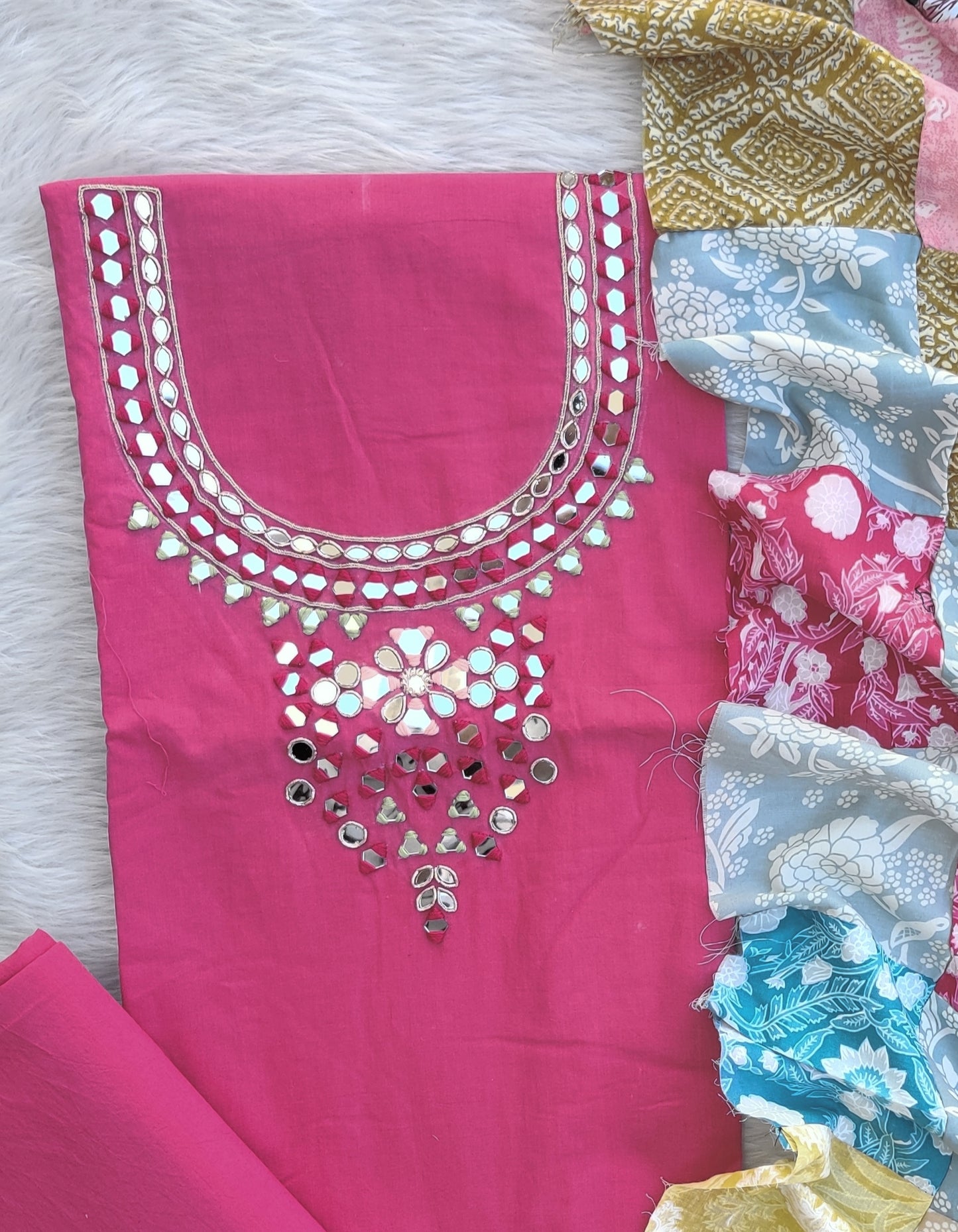 MIRROR NECK WORK SUITS WITH PATCH WORK MULMUL DUPATTA