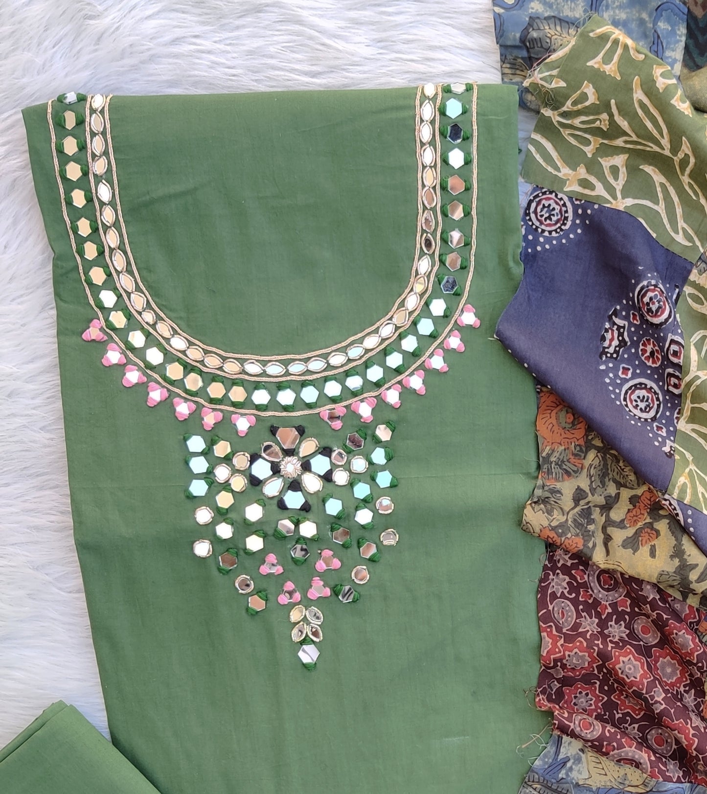 MIRROR NECK WORK SUITS WITH PATCH WORK MULMUL DUPATTA