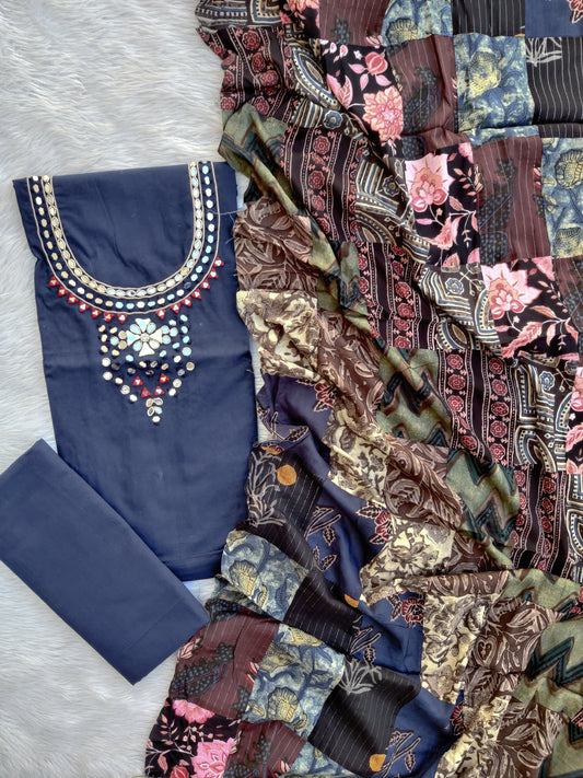 MIRROR NECK WORK SUITS WITH PATCH WORK MULMUL DUPATTA