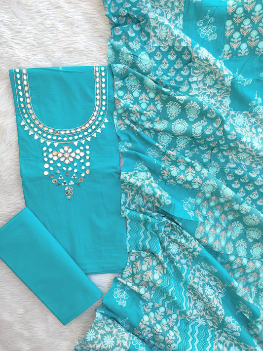 MIRROR NECK WORK SUITS WITH PATCH WORK MULMUL DUPATTA