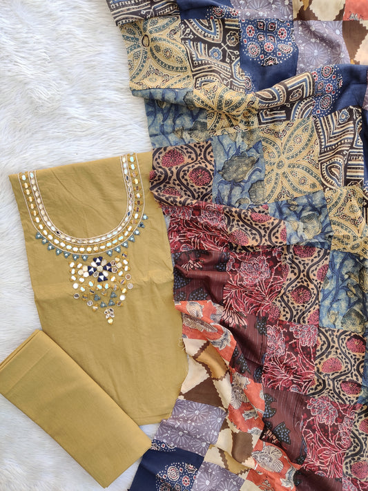 MIRROR NECK WORK SUITS WITH PATCH WORK MULMUL DUPATTA