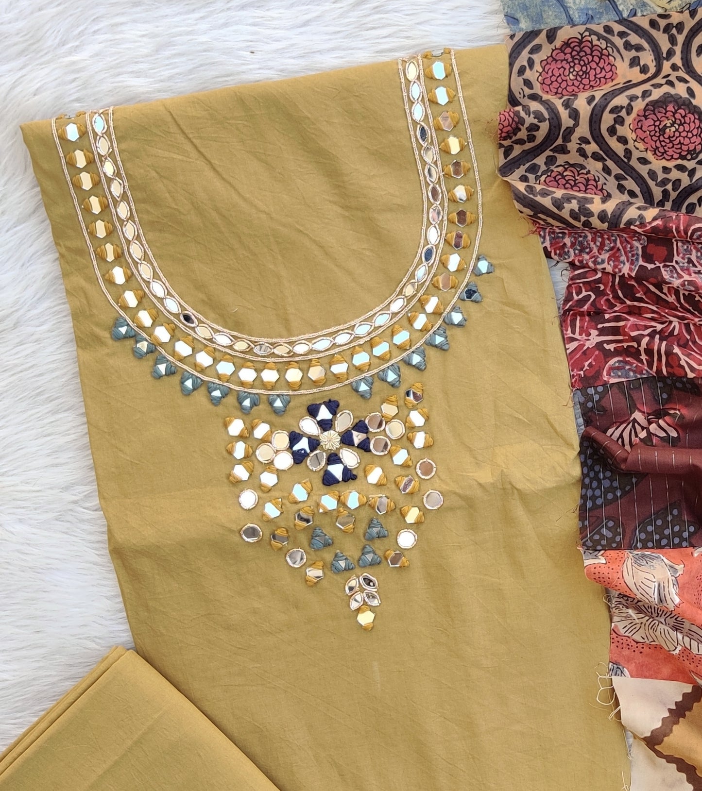 MIRROR NECK WORK SUITS WITH PATCH WORK MULMUL DUPATTA