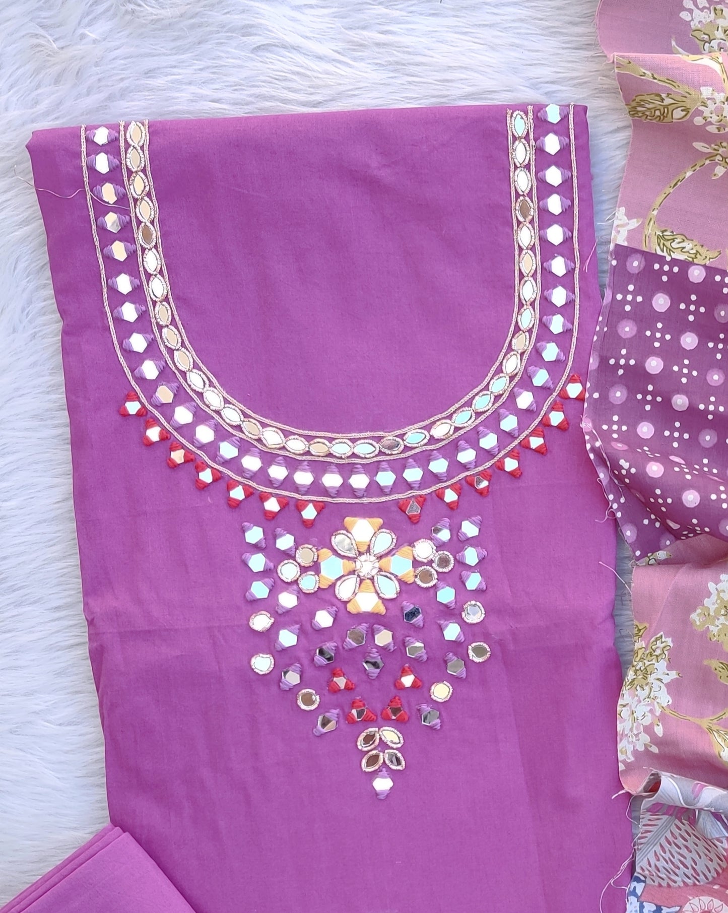 MIRROR NECK WORK SUITS WITH PATCH WORK MULMUL DUPATTA