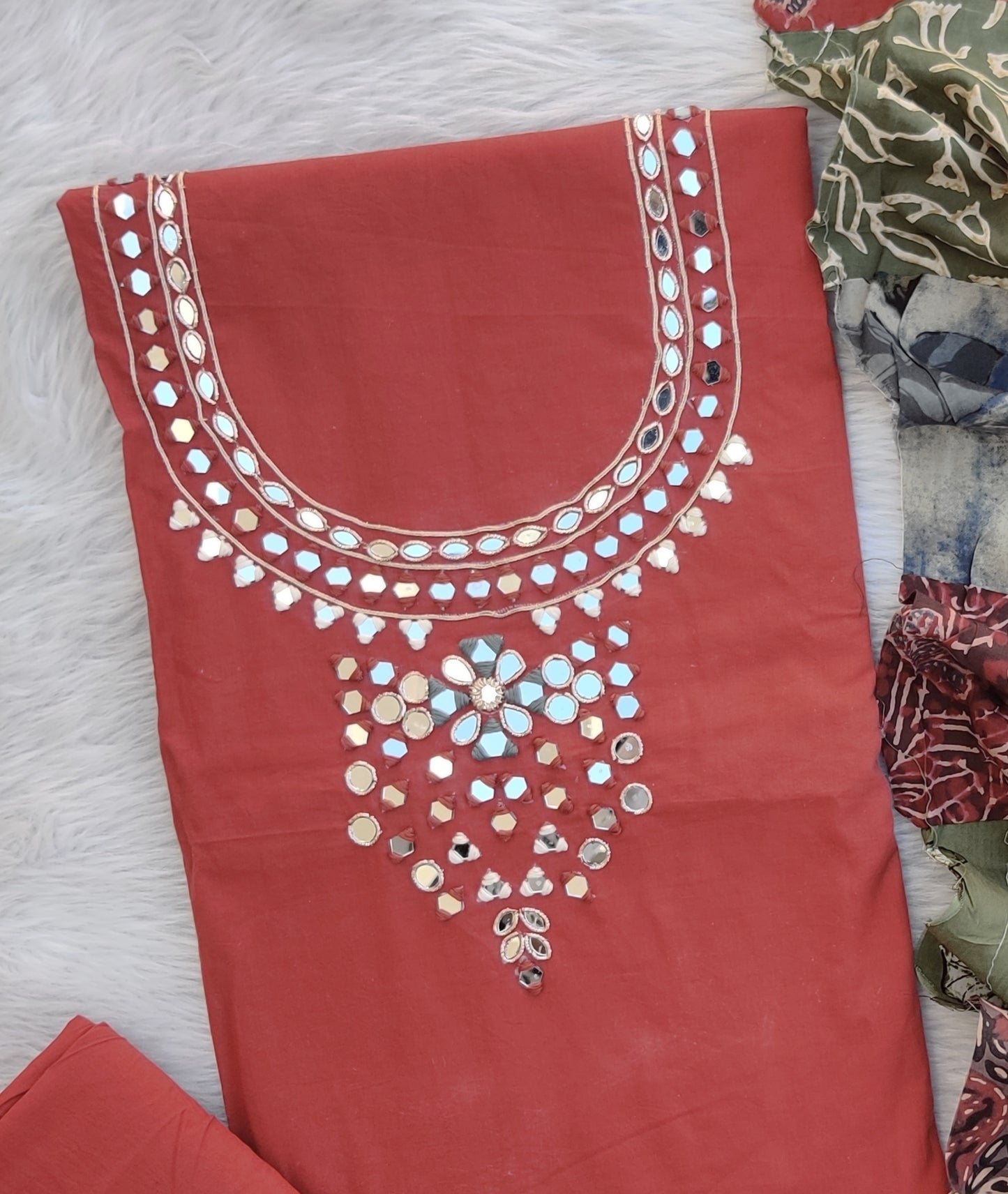 MIRROR NECK WORK SUITS WITH PATCH WORK MULMUL DUPATTA