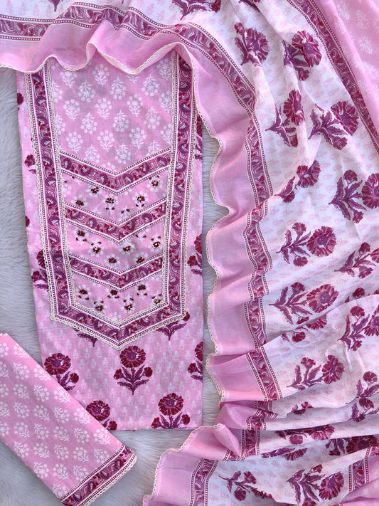 Exclusive Unstitched Cotton Neck Work Suits with Mulmul Dupatta