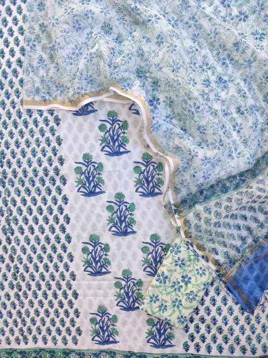 (BOOTA) Hand Block Printed Cotton Suit with Cotton Kota Doria dupatta