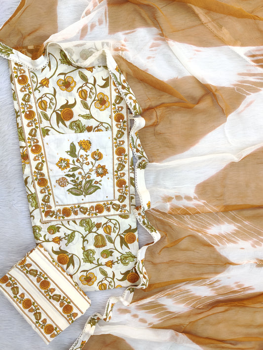 Exclusive Unstitched Cotton Neck Work Suits with Chiffon Dupatta