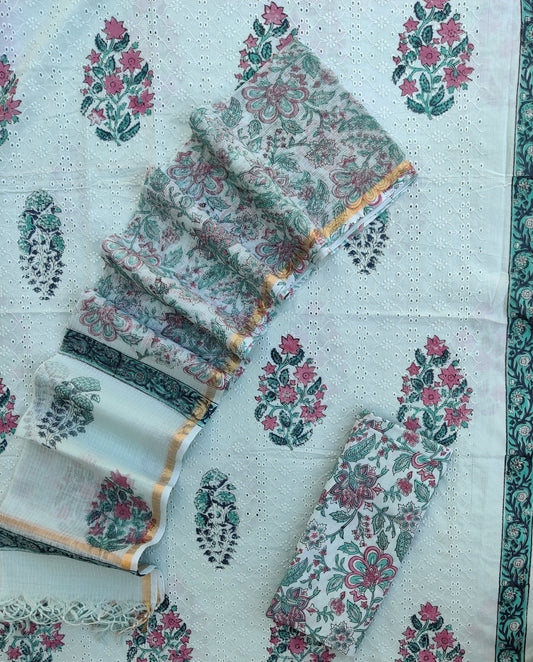 Hand Block Printed Cotton Schiffli Suit with Kota Doria Dupatta