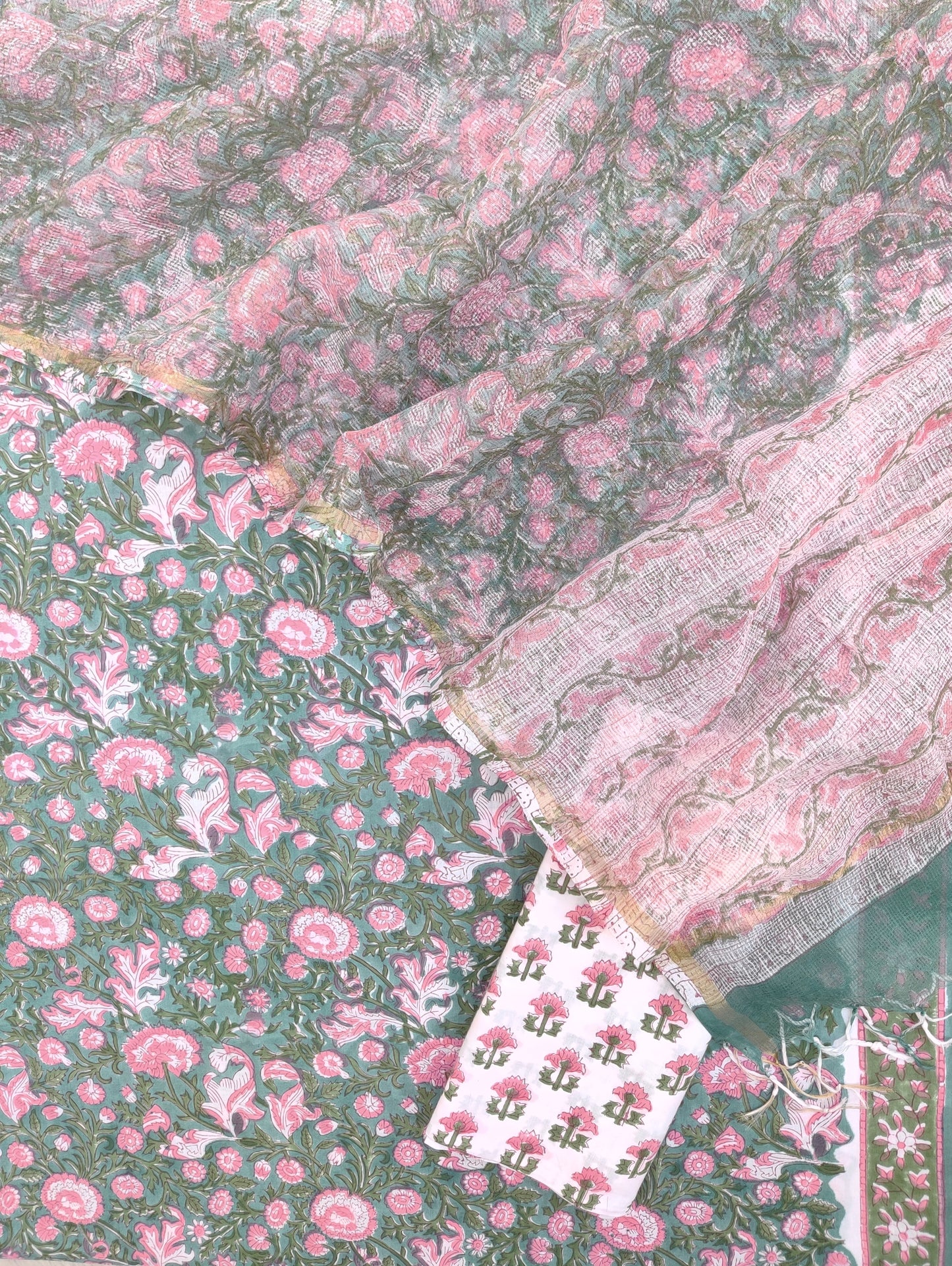 Hand Block Printed Cotton Suit with Cotton Kota Doria dupatta