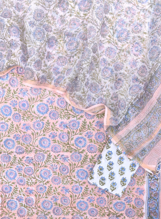 Hand Block Printed Cotton Suit with Cotton Kota Doria dupatta