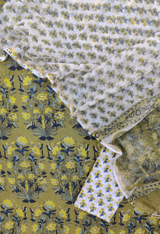 Hand Block Printed Cotton Suit with Cotton Kota Doria dupatta