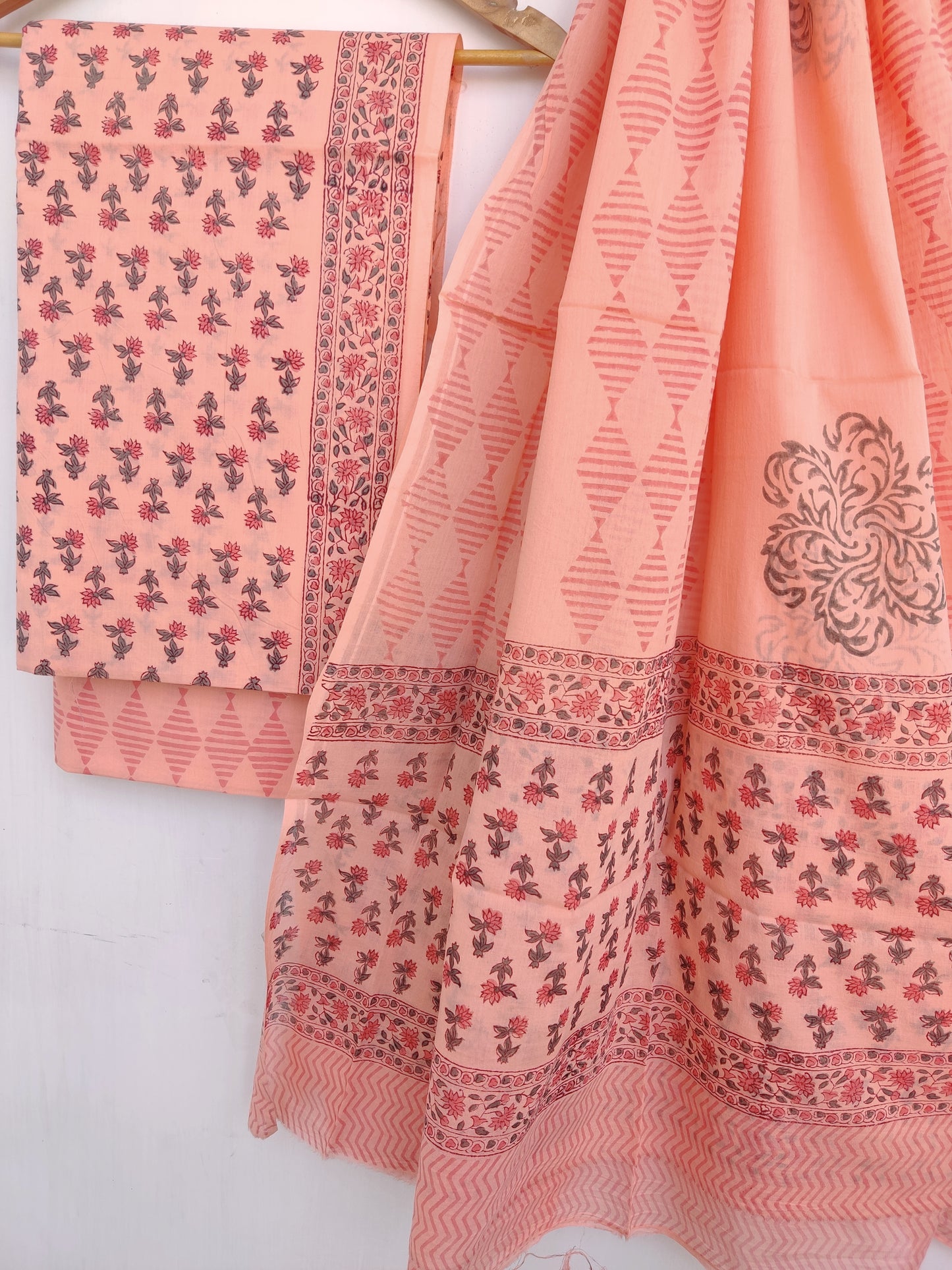 Hand Block Printed Cotton Suit With Mulmul Cotton Dupatta