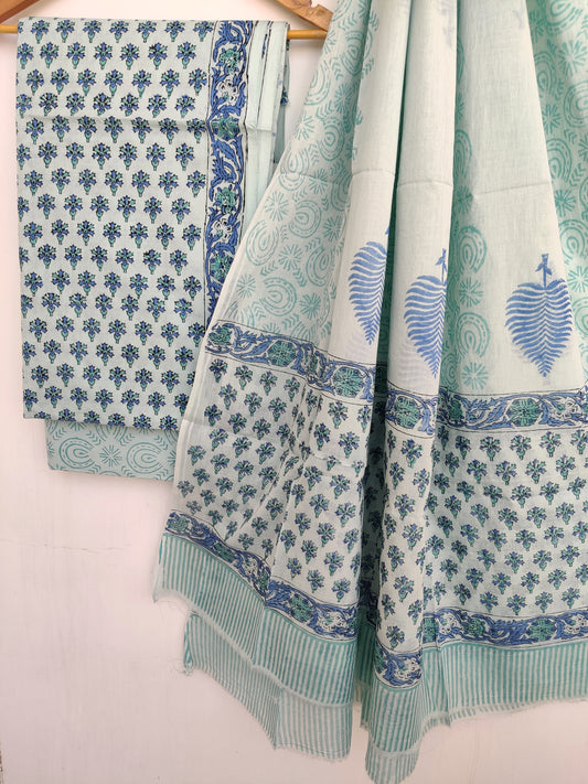 Hand Block Printed Cotton Suit With Mulmul Cotton Dupatta
