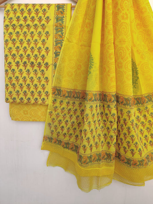 Hand Block Printed Cotton Suit With Mulmul Cotton Dupatta
