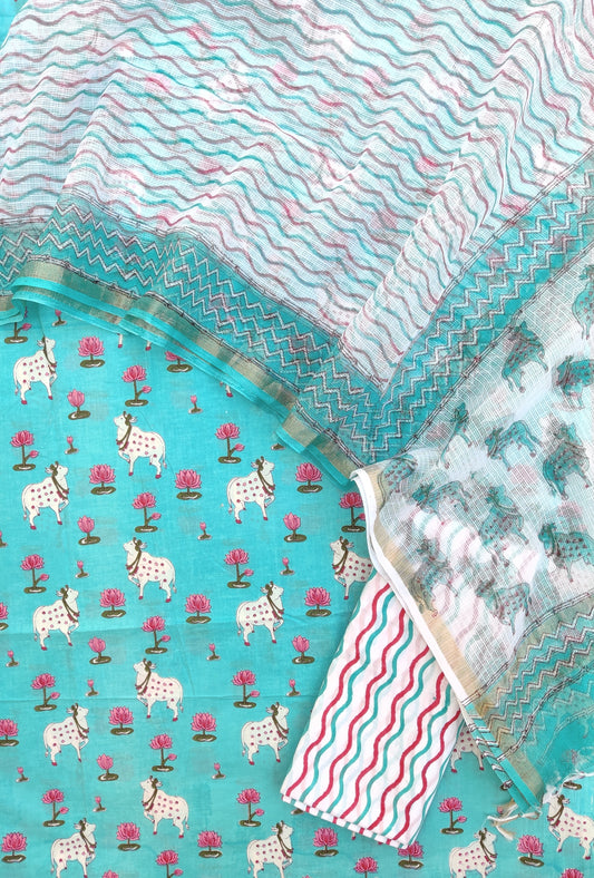 (PICHWAI FIROZI) Printed Cotton Suit with Cotton Kota Doria dupatta