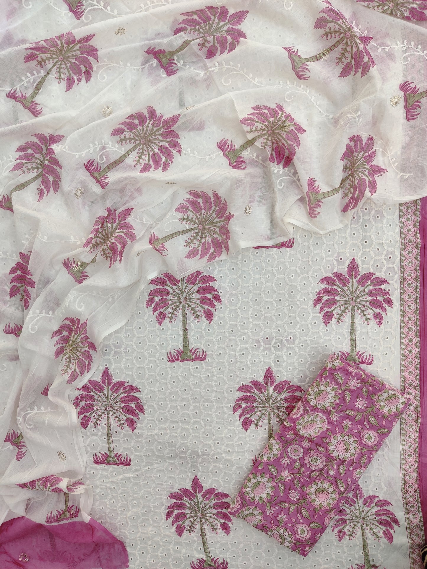 Hand Block Printed Cotton Schiffli Suit with Mulmul Embroidery Dupatta