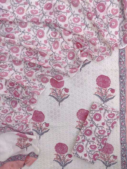 Hand Block Printed Cotton Schiffli Suit with Mulmul Embroidery Dupatta