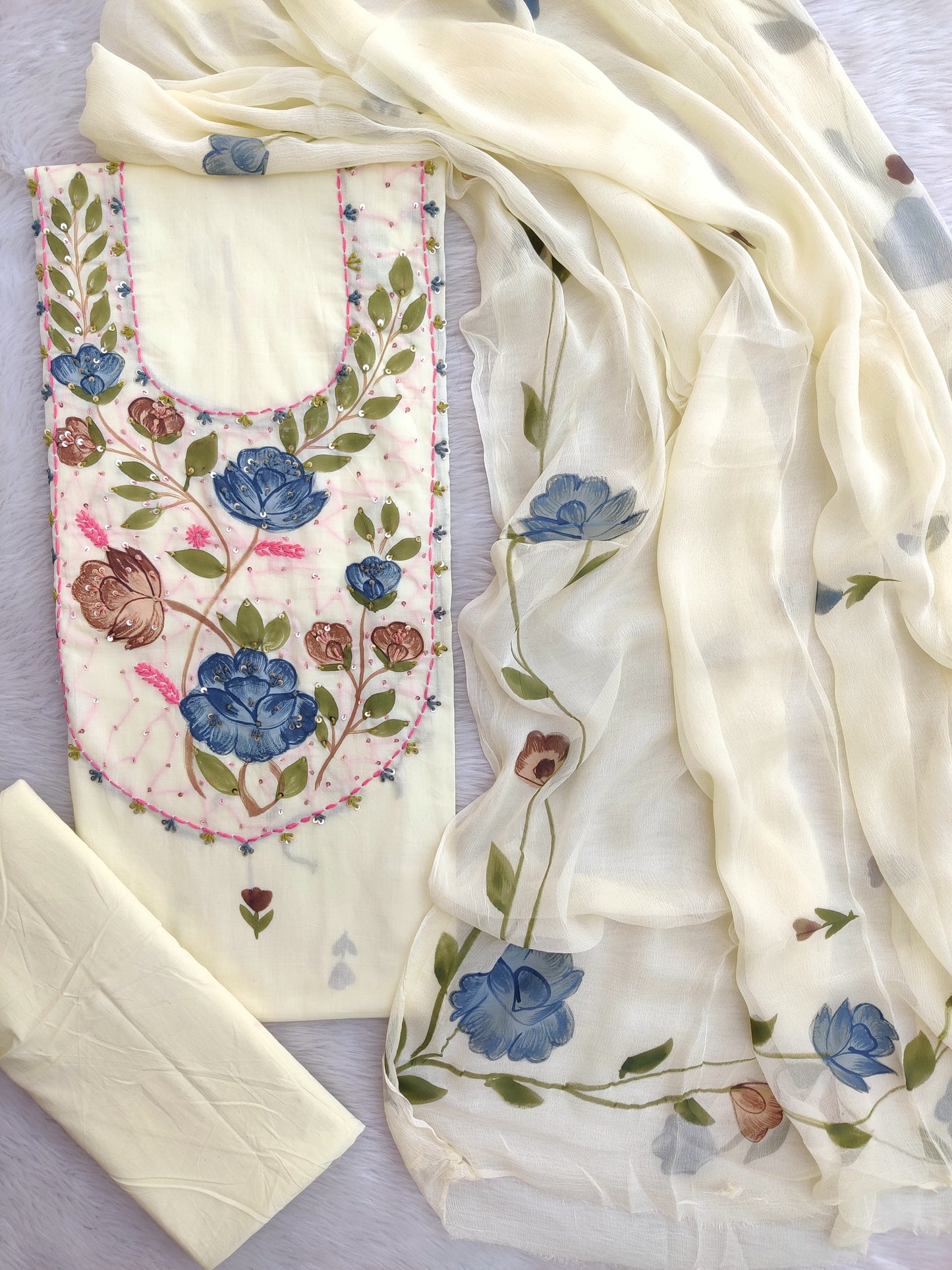 Exclusive Unstitched Cotton Neck Work Suits with Chiffon Dupatta