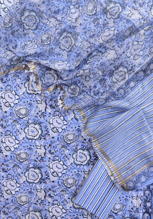 Hand Block Printed Cotton Suit with Cotton Kota Doria dupatta
