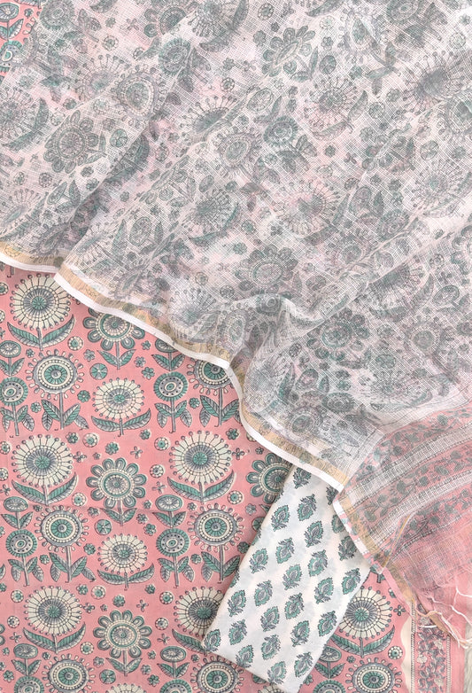 Hand Block Printed Cotton Suit with Cotton Kota Doria dupatta