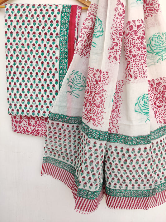 Hand Block Printed Cotton Suit With Mulmul Cotton Dupatta