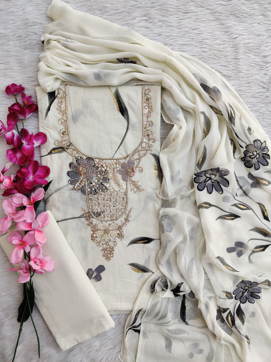 FLORAL PRINTED COTTON GOTA PATTI SUIT WITH CHIFFON DUPATTA