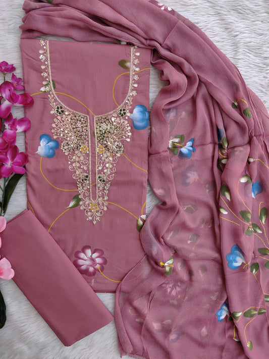 FLORAL PRINTED COTTON GOTA PATTI SUIT WITH CHIFFON DUPATTA