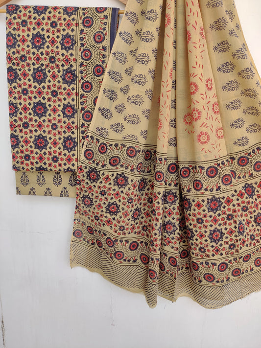 Hand Block Printed Cotton Suit With Mulmul Cotton Dupatta