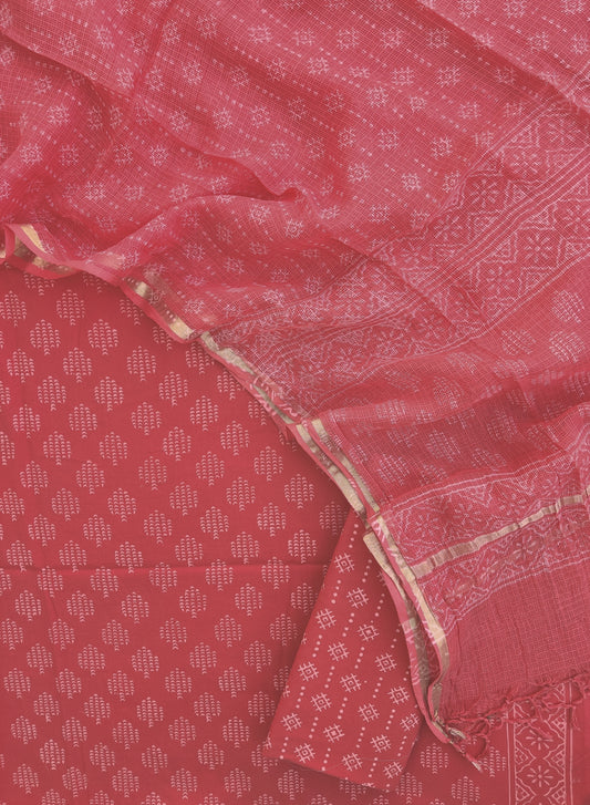 Hand Block Printed Cotton Suit with Cotton Kota Doria dupatta
