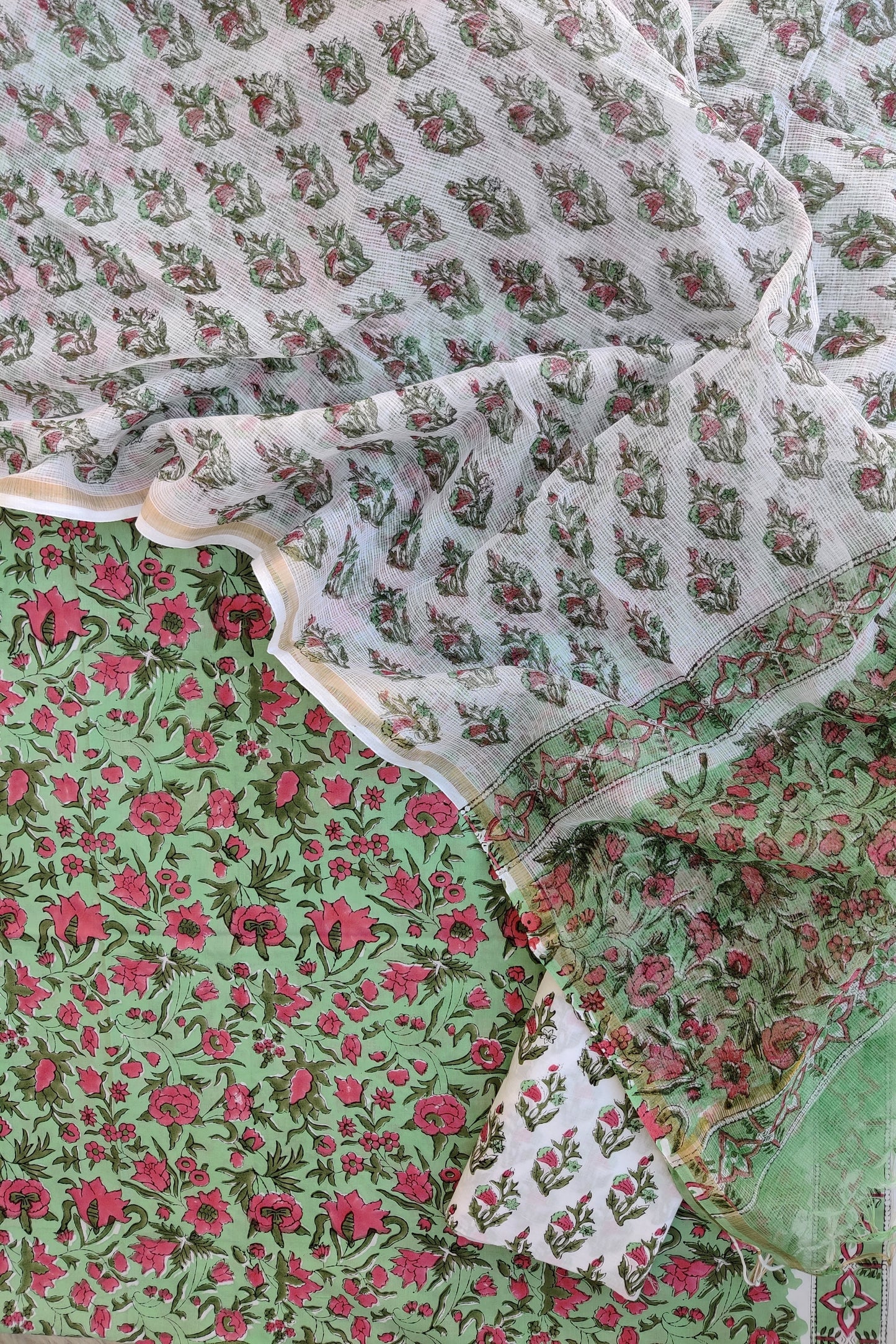 Hand Block Printed Cotton Suit with Cotton Kota Doria dupatta