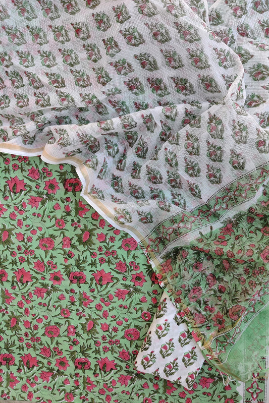 Hand Block Printed Cotton Suit with Cotton Kota Doria dupatta
