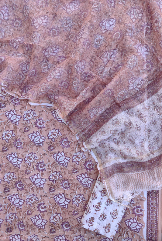Hand Block Printed Cotton Suit with Cotton Kota Doria dupatta