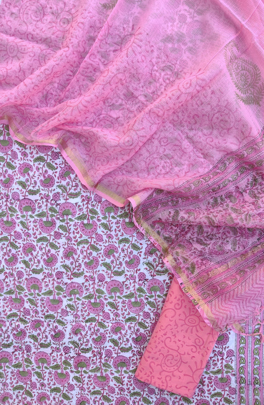 Hand Block Printed Cotton Suit with Cotton Kota Doria dupatta