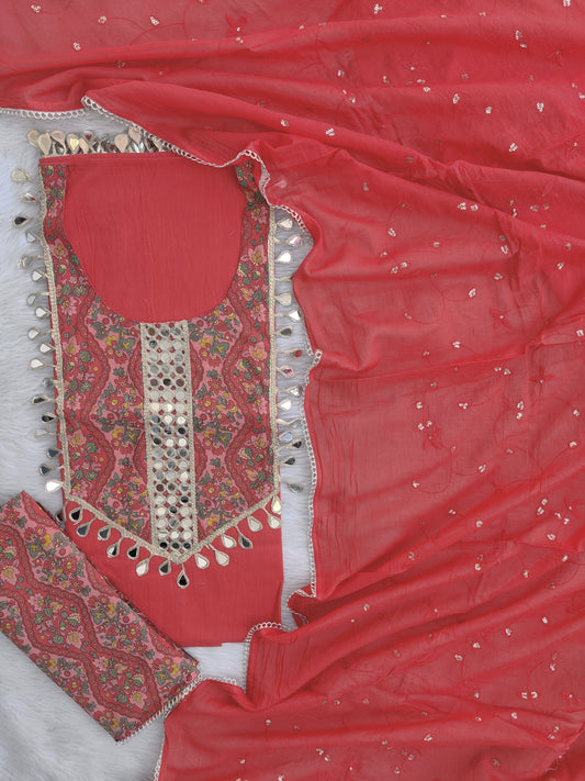 COTTON MIRROR WORK SUIT WITH COTTON MULMUL EMBROIDERY DUPATTA