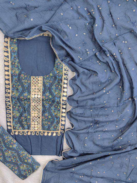 COTTON MIRROR WORK SUIT WITH COTTON MULMUL EMBROIDERY DUPATTA