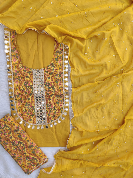 COTTON MIRROR WORK SUIT WITH COTTON MULMUL EMBROIDERY DUPATTA