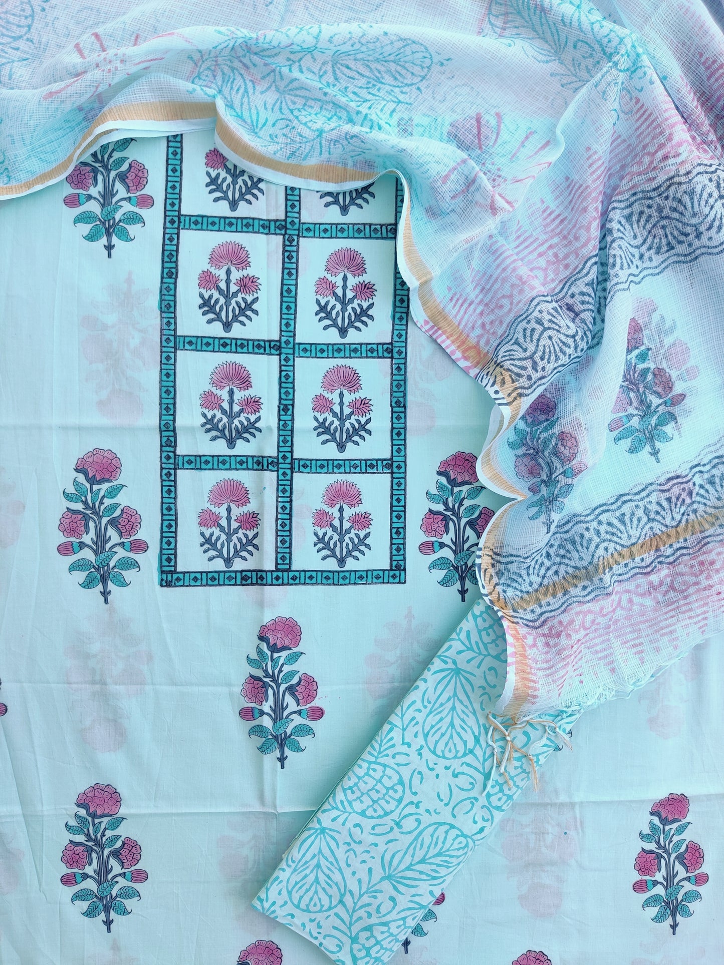 PANEL Hand Block Printed Cotton Suit with Cotton Kota Doria dupatta