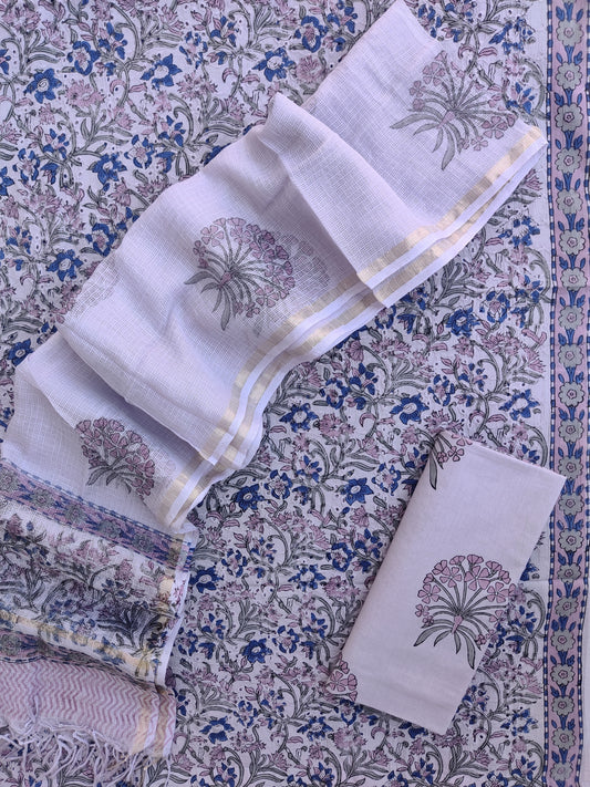 Hand Block Printed Cotton Schiffli Suit with Kota Doria Dupatta
